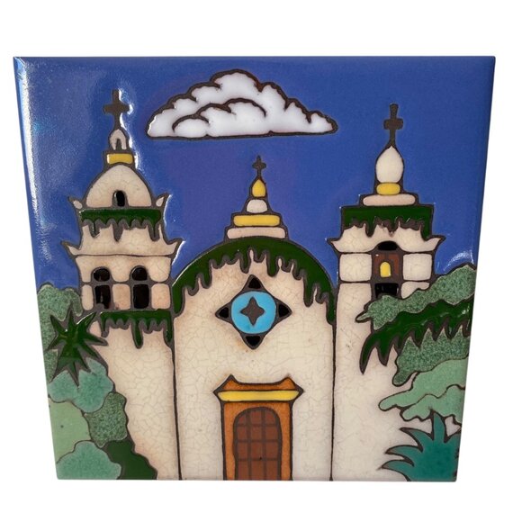 Carmel Mission Pacific Blue Tile Art Trivet Hand-Painted Ceramic USA Vintage 6" - Picture 1 of 5